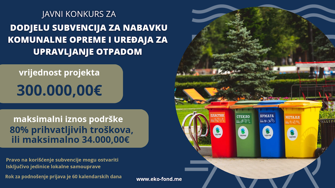 Eko – fond: Subvencije za lokalne samouprave/komunalna preduzeća u vrijednosti od 600.000,00 eura