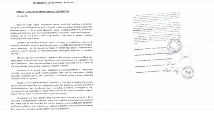 Nacionalni savjeti – vijeća manje brojnih naroda i nacionalnih zajednica u Crnoj Gori traže da Vlada odloži popis stanovnoštva