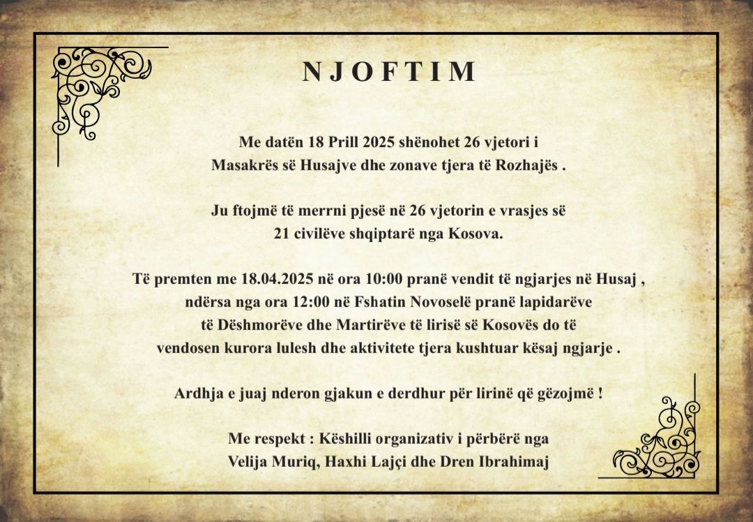 Dana 18. aprila 2025. obilježava se 26. godišnjica masakra u Husaju (Kaluđerski laz) i drugim područjima Rožaja