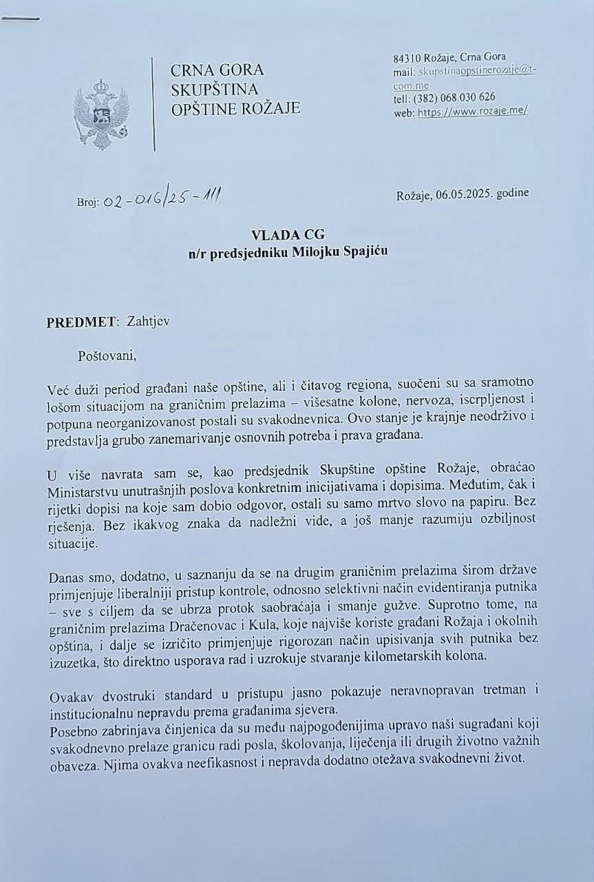 REAGOVANJE PREDSJEDNIKA SKUPŠTINE OPŠTINE ROŽAJE NA KILOMETARSKE KOLONE NA GP DRAČENOVAC I KULA