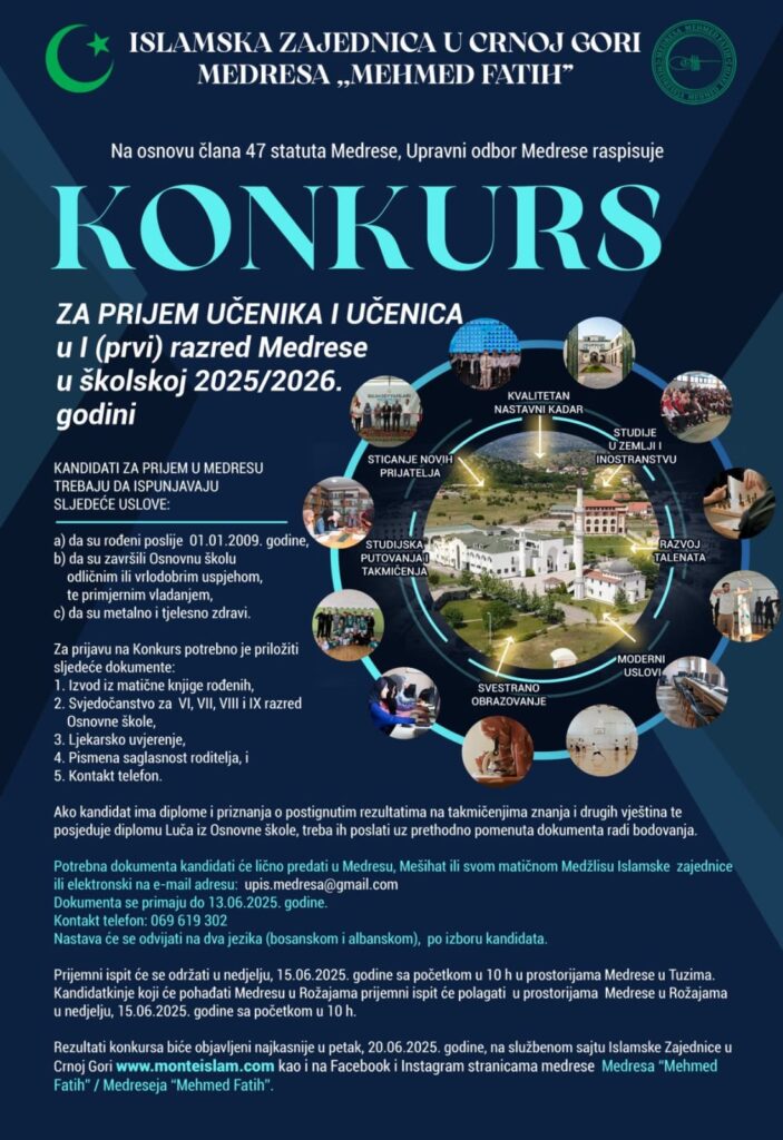 Raspisan konkurs za upis učenika u prvi razred Medrese “Mehmed Fatih” za školsku 2025/2026. godinu