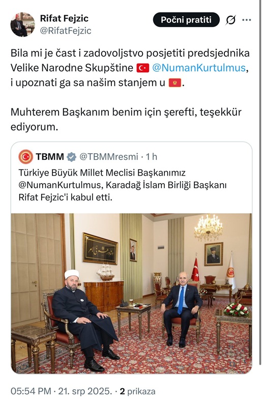 Reis Fejzić se sastao sa predsjednikom Velike narodne skupštine Republike Turske 1 IMG 0333 1 1 Radio televizija Rožaje