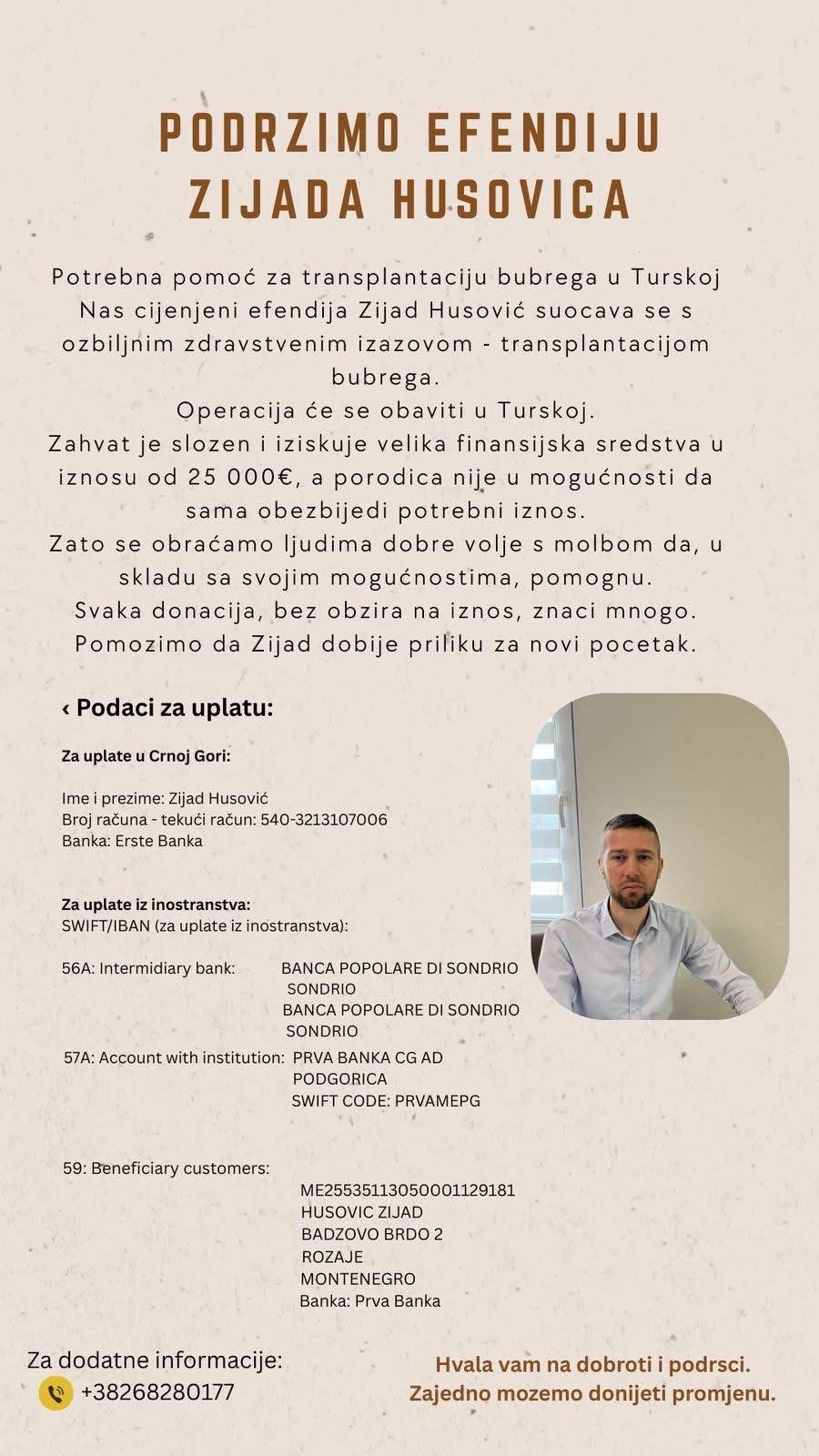 APEL ZA POMOĆ – PODRŽIMO EFENDIJU ZIJADA HUSOVIĆA