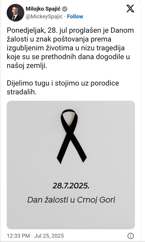 Spajić: U ponedjeljak, 28. jula, Dan žalosti u Crnoj Gori 1 Screenshot 20250727 141009 Chrome2 Radio televizija Rožaje
