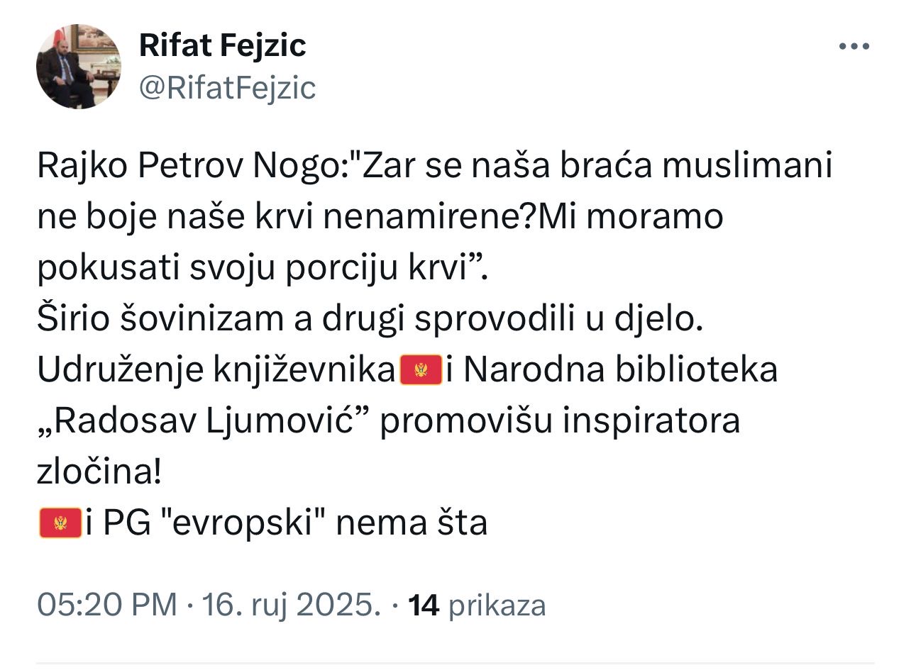 Reis Fejzić reagovao na najavu promocije Rajka Petrova Noga u Podgorici