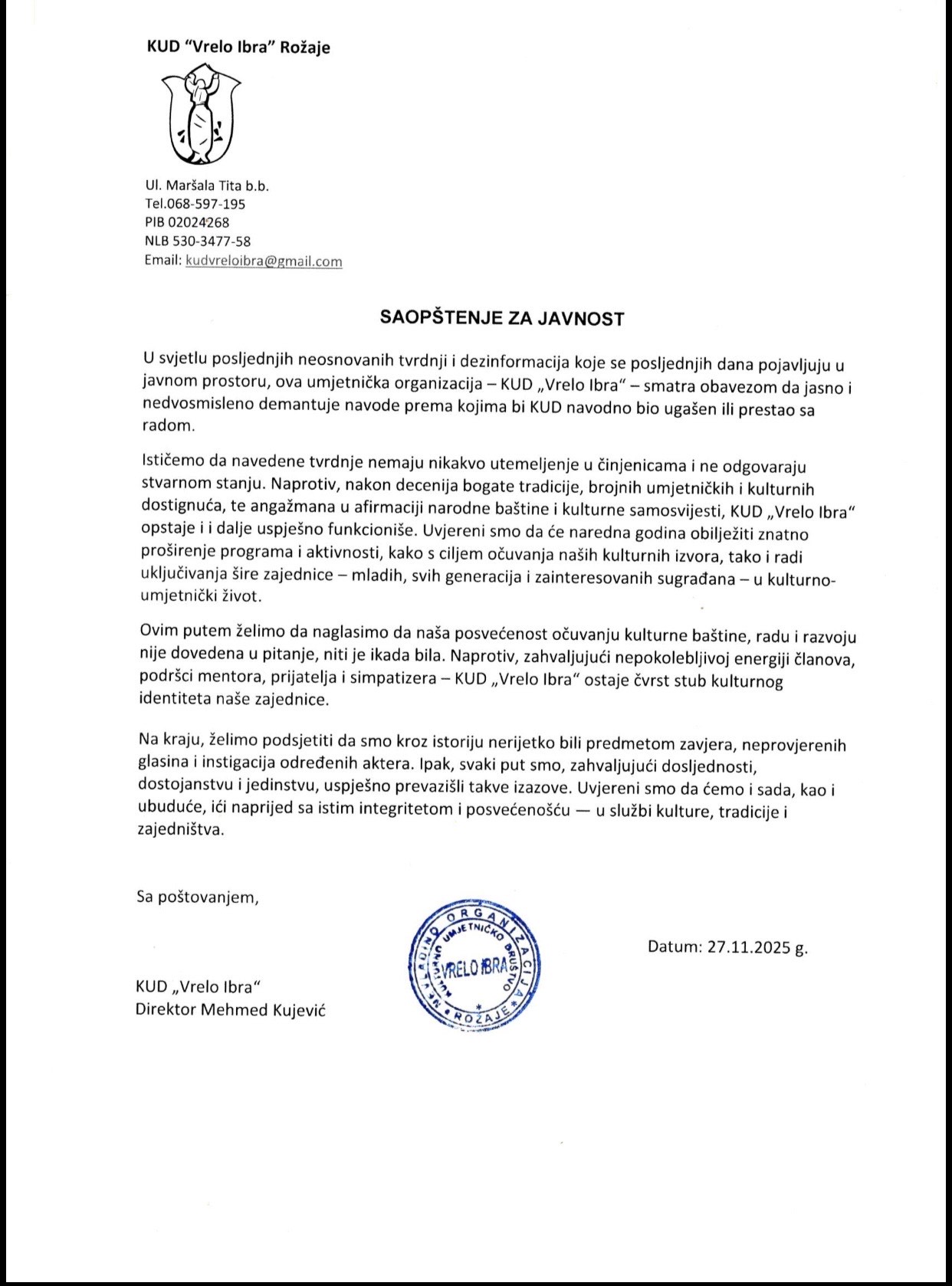 Saopštenje za javnost KUD Vrelo Ibra