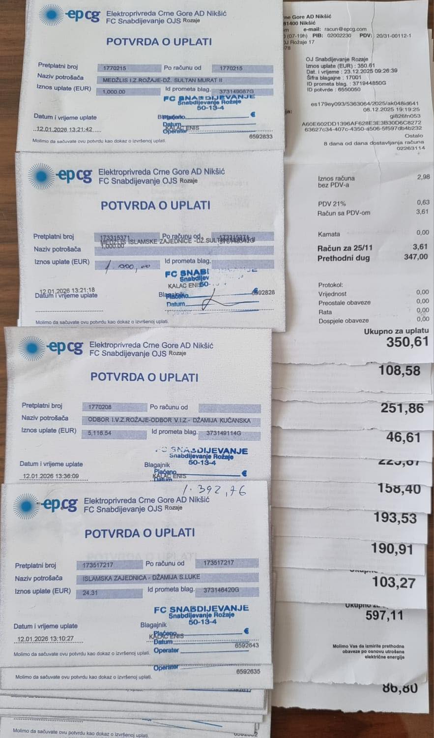 Medžlis Islamske zajednice Rožaje: Sergija za grijanje uplaćena Elektrodistribuciji