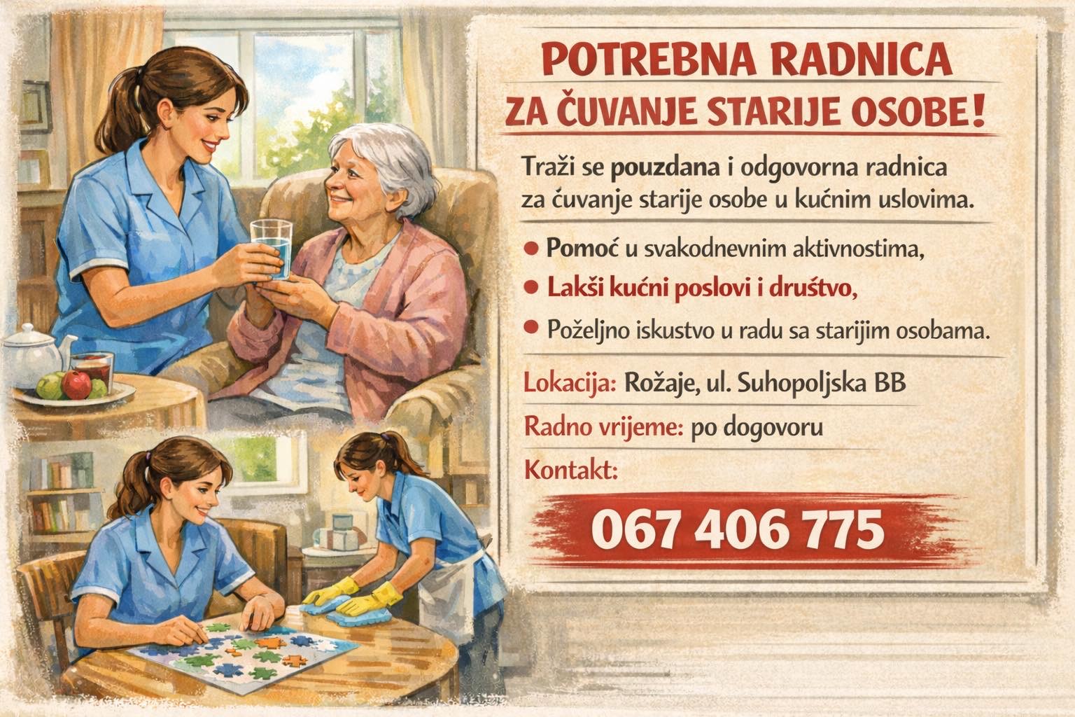 Potrebna radnica za čuvanje starije osobe