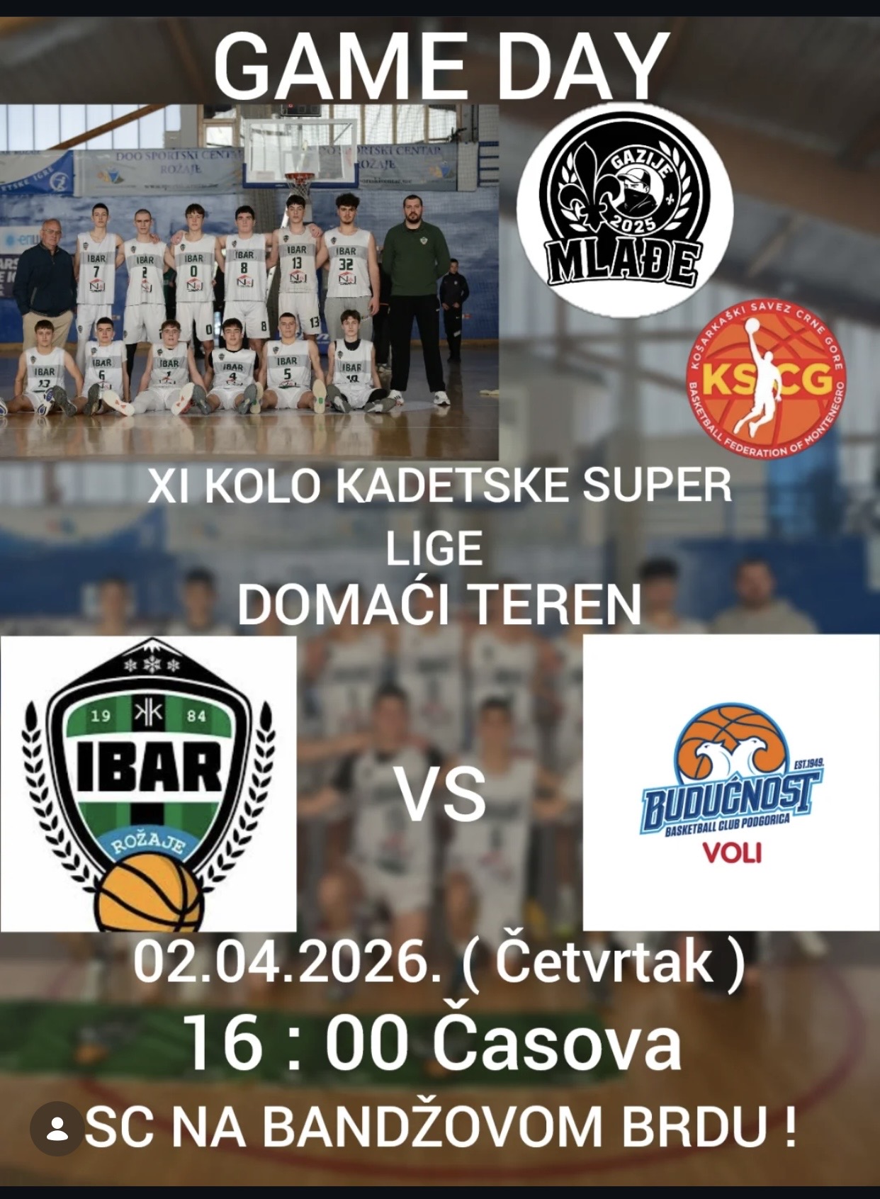 Superliga kadeti: Ibar danas dočekuje Budućnost od 16 časova